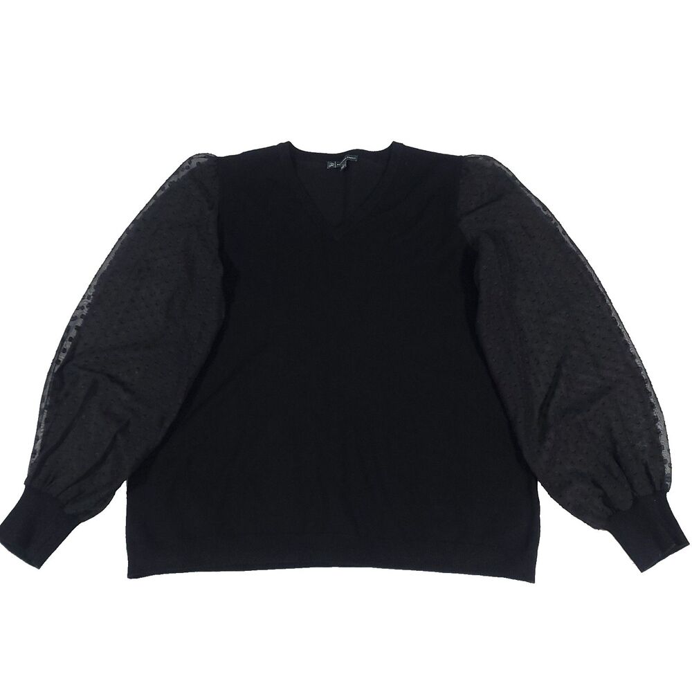 adrianna papell Sheer Balloon Sleeve Sweater L Black ditsy Polka Dot romantic